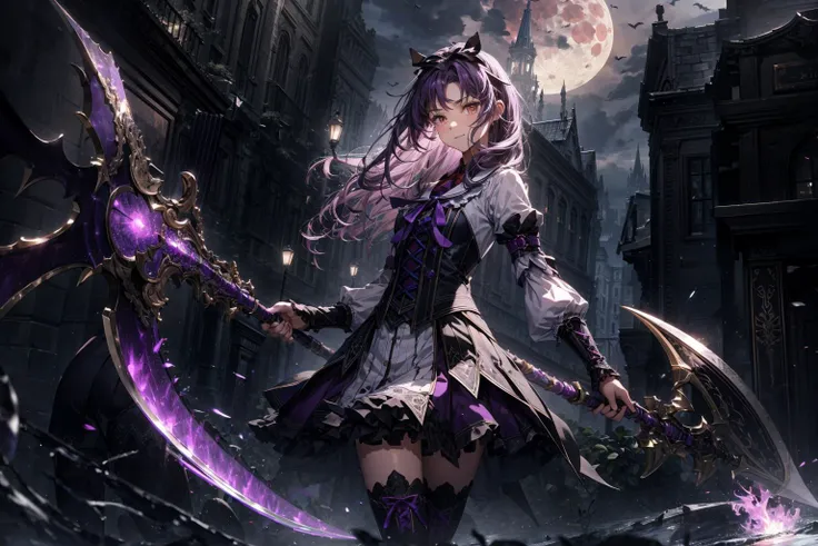 absurdres, (best quality), (masterpiece),(ultra-detailed:1.2),(photorealistic:1.2),(highres),(from below:1.3),(red moon:1.2)
1girl,standing,elegant ,silhouette ,short stature,teenage,smile,closed mouth,
<lora:renne-nvwls-v1:0.8> renne_sen,holding a (large Scythe:1.2),(medium hair:1.1) , white gothic,hair ribbon,shirt, long sleeves, white skirt, thigh band, cross-laced boots,
night,old castle,Bat flying,(purple fire:1.2),abstract,(purple ghost:1.2),fog,
<lora:anime_minimalist_v1-000020:-0.5>,
<lora:flat2:-0.5>,
<lora:LowRa:0.4>