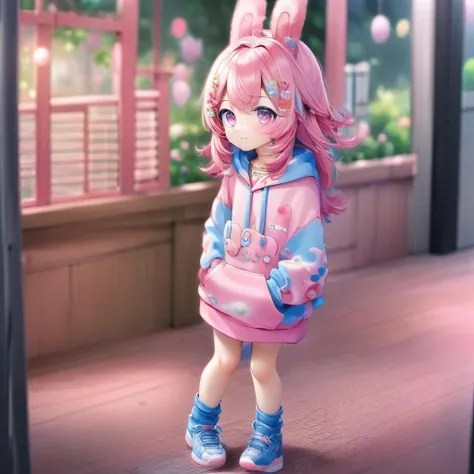 Absurd，High resolution，Super detailed，(One cute baby:1.3)，A little smile，de luz，Baby pink color，lolita hoodie fashion，Flowers sparkle，Campanella，Fantasy World，Pastel style，Soft Blending，Dreamy wash，Warm texture