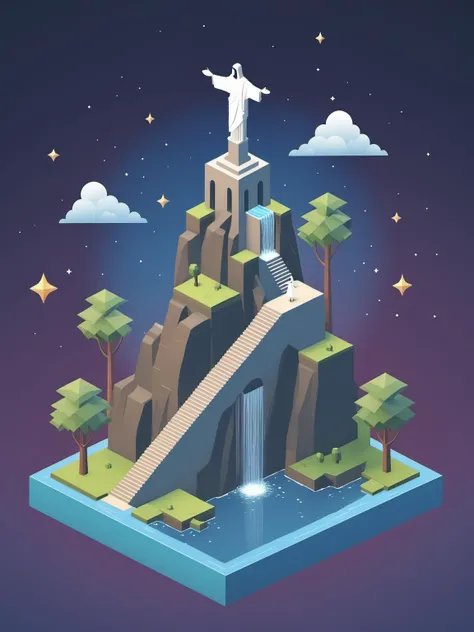 video game monument valley style, Christ the Redeemer on roof, stairs, water, cloud, trees, waterfall, gradient background, Night, starry sky, <lora:Monument Valley style:0.75>