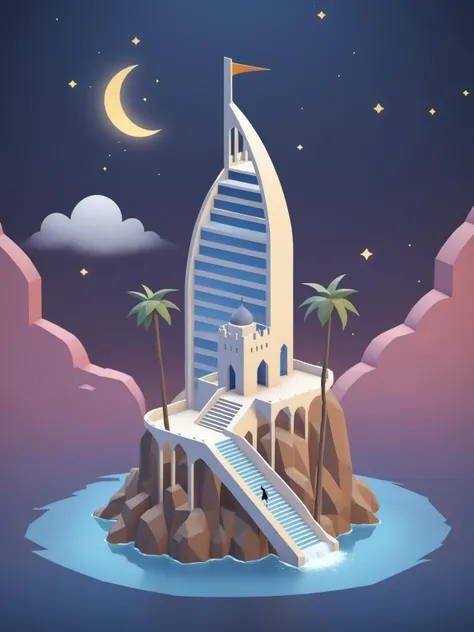 video game monument valley style, BURJ AL ARAB JUMEIRAH, stairs, water, cloud, trees, waterfall, gradient background, Night, starry sky, <lora:Monument Valley style:0.85>