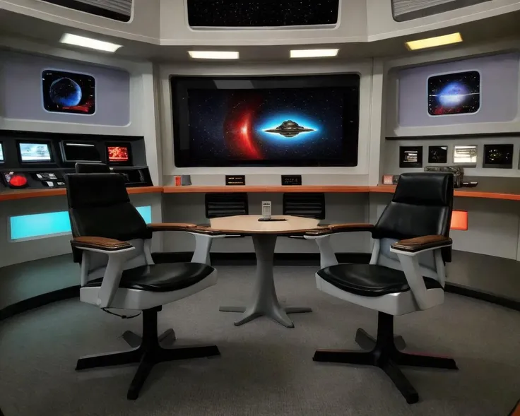 high quality photograph of  <lora:trek_tos_bridge:0.45>  star trek tos a room with a chair and a table with a tv on it