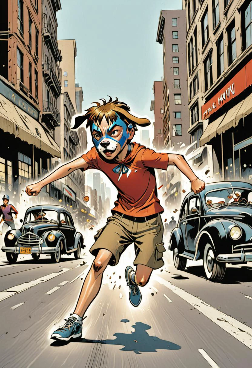 <lora:DogboyXL:.8> A -yeld Doy sprinting through a bustling city street dodging cars