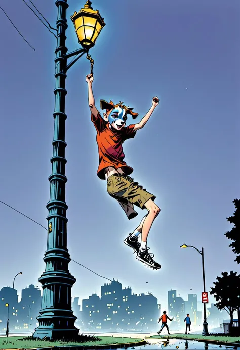 <lora:DogboyXL:.8> A -yeld Doy swinging from a city lamp post to kick away an impending threat