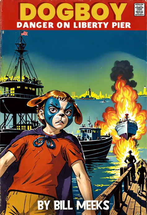 ASCII<lora:DogboyXL:1> Dogboy in his mask. (1950s pulp novel Cover of "DOGBOY: Danger on Liberty Pier".:1.6) , which includes an exciting scene where Dogboy drivess a boat away from an explosion on Liberty Pier at night with the Colta City skyline in the background. Horror.