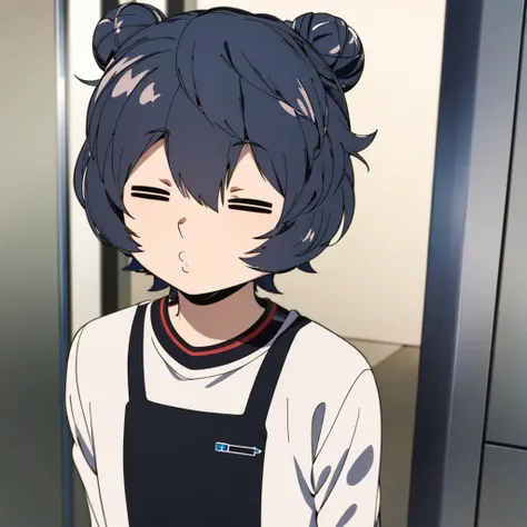masterpiece, best quality, ultra detail, simple background, black heart hair bun,
solo, upper body, looking at viewer, (closed mouth), closed eyes,
white shirt,
<lora:=3=:0.9>,