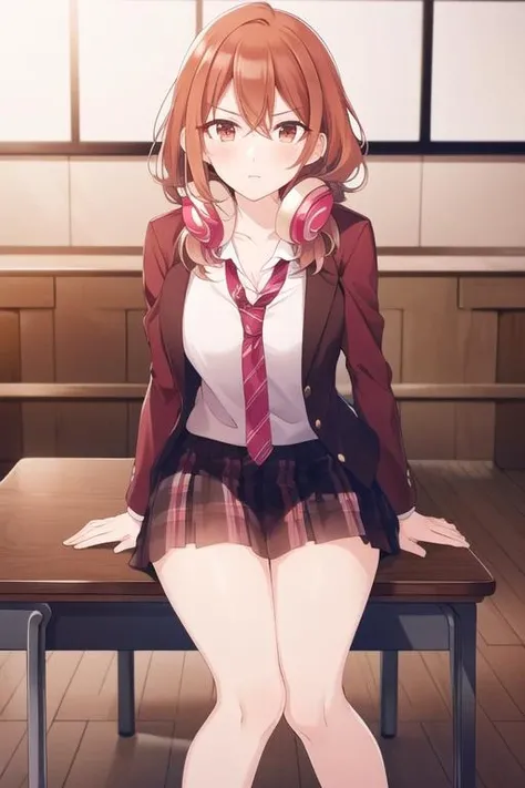 <lora:Kohinata_Iroha-000026:0.8> , Iroha, orange eyes, orange hair, closed mouth, looking at viewer, school uniform, skirt, plaid skirt, white shirt, bangs, necktie, red jacket, senior,
sitting, on table, full body, breasts, bare legs, thighs, headphones around neck,
BREAK
(high quality:1.1), (high resolution:1.1), 4k, (detailed background:1.1), indoors, classroom, <lora:NoiseOffset_v2:1.0>