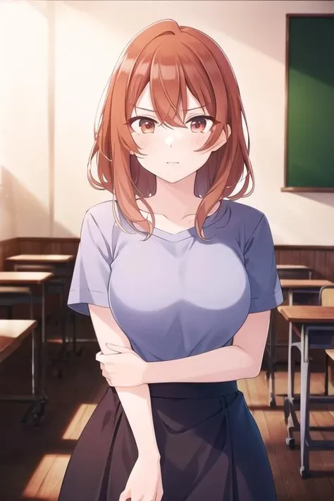 <lora:Kohinata_Iroha-000025:0.8> , Iroha, orange eyes, orange hair, closed mouth, looking at viewer, black skirt, dark blue shirt, short sleeves, barefoot,
standing, upper body, breasts, bare legs, thighs, casual clothes,
BREAK
(high quality:1.1), (high resolution:1.1), 4k, (detailed background:1.1), indoors, classroom, <lora:NoiseOffset_v2:1.0>