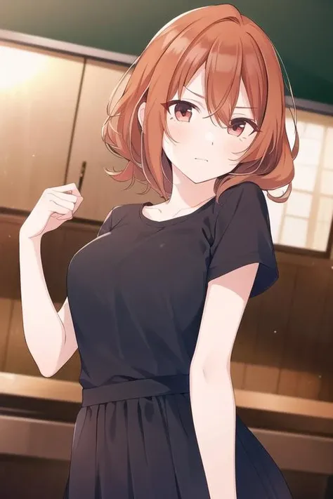 <lora:Kohinata_Iroha-000029:0.8> , Iroha, orange eyes, orange hair, closed mouth, looking at viewer, black skirt, dark blue shirt, short sleeves, barefoot,
standing, upper body, breasts, bare legs, thighs, casual clothes,
BREAK
(high quality:1.1), (high resolution:1.1), 4k, (detailed background:1.1), indoors, classroom, <lora:NoiseOffset_v2:1.0>