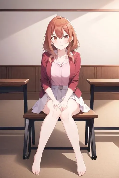<lora:Kohinata_Iroha-000020:0.8> , Iroha, orange eyes, orange hair, closed mouth, looking at viewer, white skirt, pink shirt, red jacket, senior,
sitting, on table, full body, breasts, bare legs, thighs, casual clothes,
BREAK
(high quality:1.1), (high resolution:1.1), 4k, (detailed background:1.1), indoors, classroom, <lora:NoiseOffset_v2:1.0>