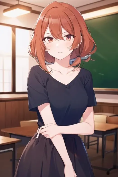 <lora:Kohinata_Iroha-000025:0.8> , Iroha, orange eyes, orange hair, closed mouth, looking at viewer, black skirt, dark blue shirt, short sleeves, barefoot, 
standing, upper body, breasts, bare legs, thighs, casual clothes,
BREAK
(high quality:1.1), (high resolution:1.1), 4k, (detailed background:1.1), indoors, classroom, <lora:NoiseOffset_v2:1.0>