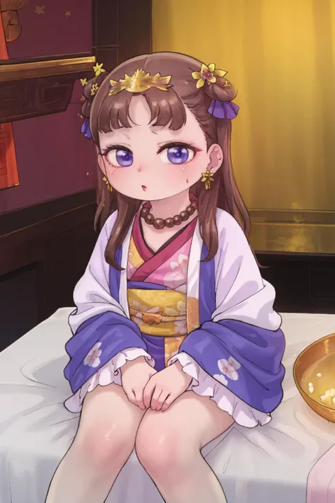 (best quality, masterpiece),lishu, long hair, brown hair, hair ornament, (purple eyes:1.1), tiara, BREAK jewelry, earrings, necklace, chinese clothes, hanfu,looking at viewer, sitting,arms at sides, <lora:lishu s1-lora-nochekaiser:1>