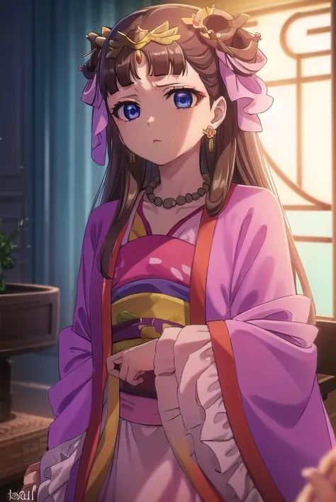 lishu, <lora:lishu s1-lora-nochekaiser:1>,
lishu, long hair, brown hair, hair ornament, (purple eyes:1.1), tiara,
BREAK jewelry, earrings, necklace, chinese clothes, hanfu,
BREAK indoors,
BREAK looking at viewer, (cowboy shot:1.5),
BREAK <lyco:GoodHands-beta2:1>, (masterpiece:1.2), best quality, high resolution, unity 8k wallpaper, (illustration:0.8), (beautiful detailed eyes:1.6), extremely detailed face, perfect lighting, extremely detailed CG, (perfect hands, perfect anatomy),