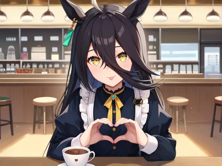 score_9, score_8_up, score_7_up, (source_anime:1),masterpiece,high quality, highres,
, 1girl, solo, long hair, looking at viewer, , black hair, , , animal ears, hair between eyes, , full body, yellow eyes, ahoge, pantyhose, multicolored hair, , horse ears, horse girl,
maid,teacup, portrait,heart hands,standing,pov,tehepero, tongue, ;P,
cafe,
<lora:Manhattan Cafe-ponyXL_locon:1>,