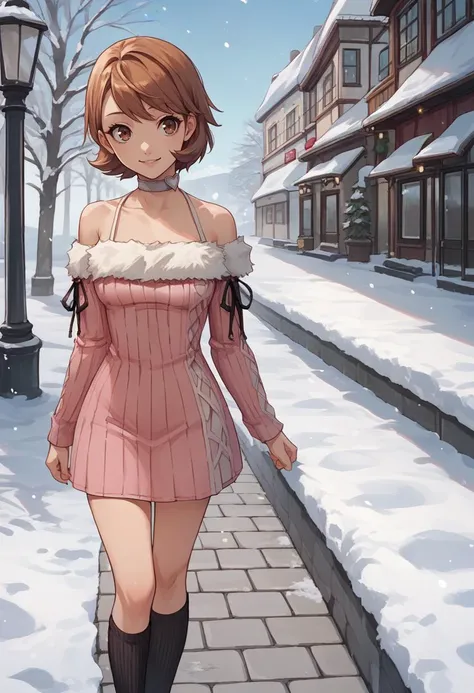 score_9, score_8_up, score_7_up, source_anime, source_6_up, 1girl, looking at viewer, smile <lora:persona3_takeba_ponyXL:1> yukariwinter, pink dress, ribbed sweater, fur trim, off shoulder, white choker, bare shoulders, black socks, sky, snow, sidewalk