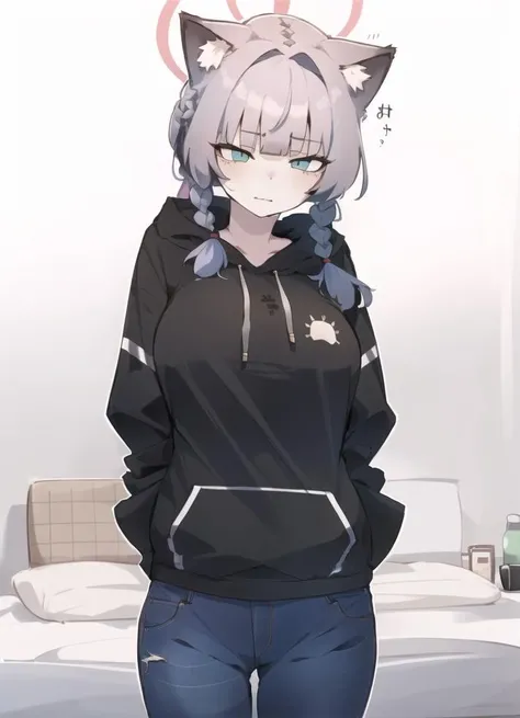 loose hoodie, jeans, oversized clothes, braids, two tone hair, gradient eyes, perfect skin, perfect lighting, simple background, bedroom eyes, cat_ears, neutral_expression, arms_behind_back, solo, blunted bangs, plain clothes, 
 <lora:homebrew_MakkuroUrufu:0.9>