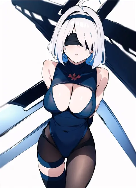 1girl, straight-on, looking_at_viewer, shiny_skin, skindentation, hips, arms_behind_back, ahoge, standing, straight-on, long hair, sleeveless, simple_background, white background,
drawing, line art, cleavage, expressionless, bored, kuudere, black leotard,
<lora:2B-lc:0.8>, white hair, short hair, blindfold, yorha no. 2 type b, thick thighs, thighhighs,
<lora:homebrew_MakkuroUrufu:0.85>,