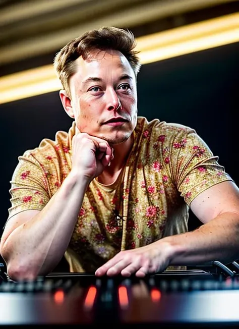 (masterpiece, best quality, awards winner)close up Elon Musk as DJ (playing on the dj panel), dressed in embroidered shirt sing song, (floral embroidery, floral print, pointing), epic character composition, by ilya kuvshinov, alessio albi, nina masic, sharp focus, natural lighting, subsurface scattering, f2, 35mm, film grain<lora:Name:0.85>