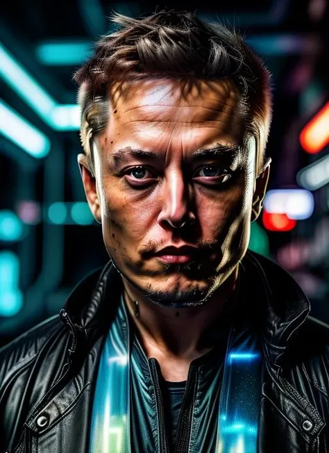 (masterpiece, best quality, awards winner)close up Elon Musk A photo of a male with a sleek and futuristic undercut hairstyle, accented with glowing neon streaks. He wears a high-tech bodysuit embedded with pulsating LED patterns, reflecting his tech-savvy nature. Positioned in a state-of-the-art cybernetics laboratory, he stands near a holographic interface, his hand effortlessly manipulating the virtual elements. The room is bathed in a cool blue light, enhancing the futuristic ambiance. Epic character composition, sharp focus, and natural lighting. The subsurface scattering effect adds a touch of an ethereal glow, while the f2 aperture and 35mm lens create a perfect balance of depth and detail. <lora:CyberPunkV2:0.7> <lora:Name:0.85>
