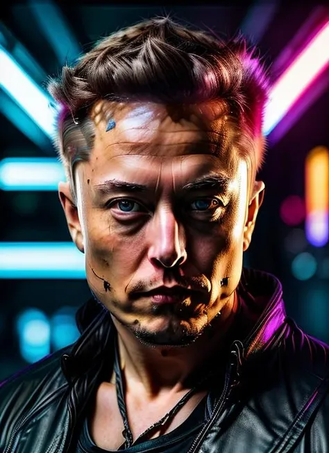 (masterpiece, best quality, awards winner)close up Elon Musk A photo of a male with a sleek and futuristic undercut hairstyle, accented with glowing neon streaks. He wears a high-tech bodysuit embedded with pulsating LED patterns, reflecting his tech-savvy nature. Positioned in a state-of-the-art cybernetics laboratory, he stands near a holographic interface, his hand effortlessly manipulating the virtual elements. The room is bathed in a cool blue light, enhancing the futuristic ambiance. Epic character composition, sharp focus, and natural lighting. The subsurface scattering effect adds a touch of an ethereal glow, while the f2 aperture and 35mm lens create a perfect balance of depth and detail. <lora:CyberPunkV2:0.7> <lora:Name:0.85>