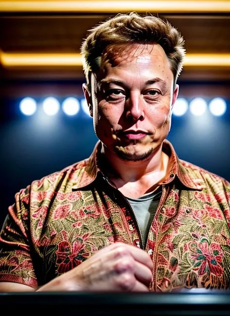(masterpiece, best quality, awards winner)close up Elon Musk as DJ (playing on the dj panel), dressed in embroidered shirt sing song, (floral embroidery, floral print, pointing), epic character composition, by ilya kuvshinov, alessio albi, nina masic, sharp focus, natural lighting, subsurface scattering, f2, 35mm, film grain<lora:Name:0.85>