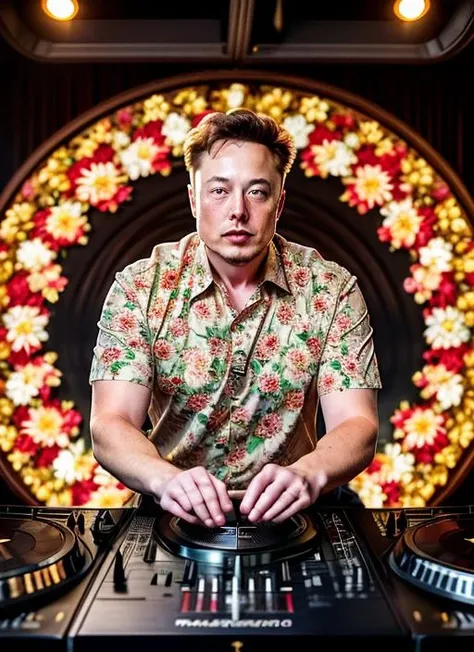 (masterpiece, best quality, awards winner)close up Elon Musk as DJ (playing on the dj panel), dressed in embroidered shirt sing song, (floral embroidery, floral print, pointing), epic character composition, by ilya kuvshinov, alessio albi, nina masic, sharp focus, natural lighting, subsurface scattering, f2, 35mm, film grain<lora:Name:0.85>