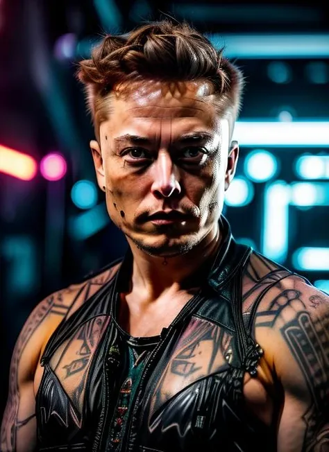 (masterpiece, best quality, awards winner)close up Elon Musk A photo of a male with a sleek and futuristic undercut hairstyle, accented with glowing neon streaks. He wears a high-tech bodysuit embedded with pulsating LED patterns, reflecting his tech-savvy nature. Positioned in a state-of-the-art cybernetics laboratory, he stands near a holographic interface, his hand effortlessly manipulating the virtual elements. The room is bathed in a cool blue light, enhancing the futuristic ambiance. Epic character composition, sharp focus, and natural lighting. The subsurface scattering effect adds a touch of an ethereal glow, while the f2 aperture and 35mm lens create a perfect balance of depth and detail. <lora:CyberPunkV2:0.7> <lora:Name:0.85>