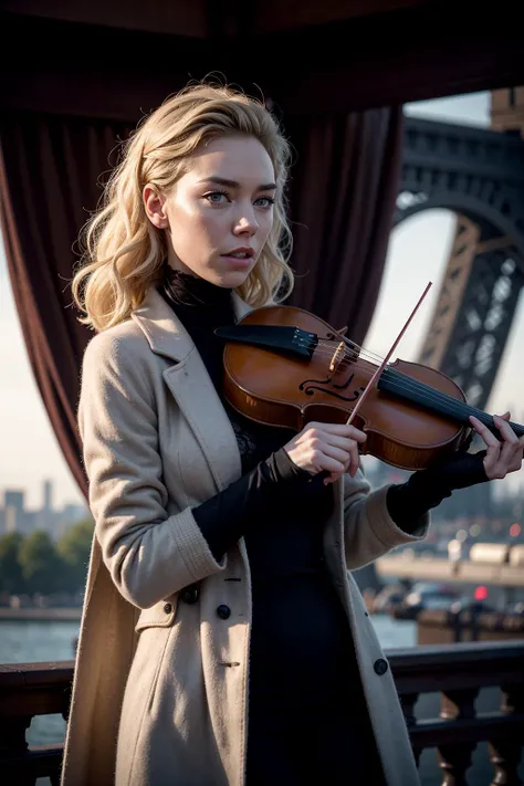 A photo of VanessaK2 with a violin at the Eiffel Tower. She is dressed in an exquisite lamb wool coat. Her elegant black velvet dress, adorned with subtle lace details, adds a touch of sophistication.
outdoor, violin, smiling