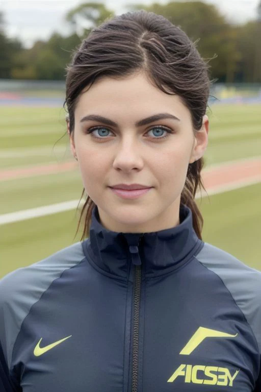 close up of Alexandra, in track outfit, outside on track field, <lora:alexandraDaddario_v10:1>