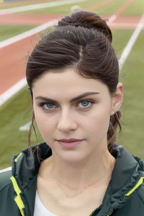 close up of Alexandra, in track outfit, outside on track field, <lora:alexandraDaddario_v10:1>