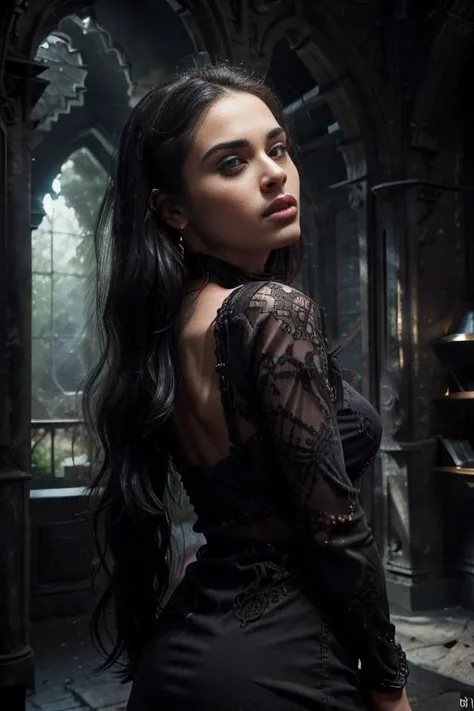 kkw-ph1 (<lora:GothicHorrorAI:0.7>, gothichorrorai, gothic, s4lm4h4y3kv2:1.05, 1girl <lora:back_view:0.7> (back_view, photo from behind, looking_at_viewer:1.2)) BREAK (photorealistic), realistic face, medium breasts, beautifully detailed woman, detailed mouth, extremely detailed eyes_and_face, beautiful attractive face, beautiful detailed eyes, pronounced feminine feature, skin pores, eyeliner, perfect body , (photorealistic)