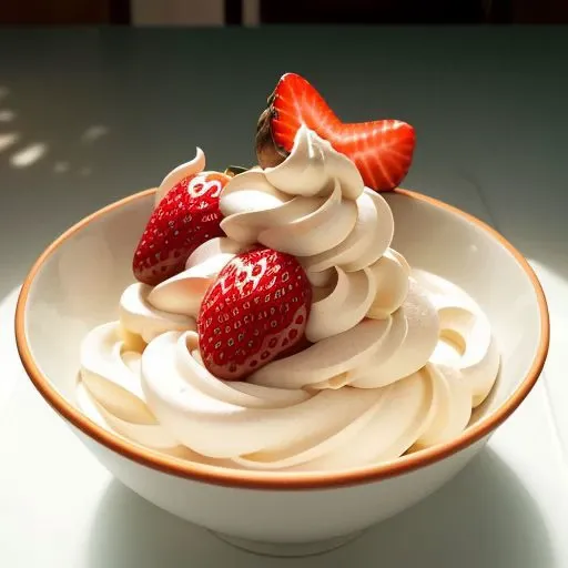 bowl of strawberry's and cream (masterpiece:1.2) (photorealistic:1.2) (best quality) (detailed skin:1.3) (intricate details) (8k) (HDR) (cinematic lighting) (sharp focus)