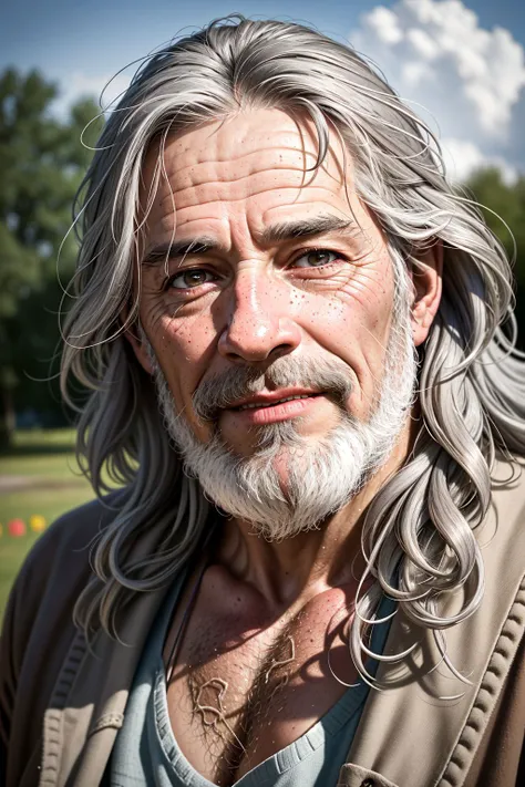 natural light (masterpiece:1.2) (photorealistic:1.2) (bokeh) (best quality) (detailed skin:1.3) (intricate details) (8k) (HDR) (cinematic lighting) (sharp focus) , photorealistic, face portrait, rugged elderly hippy man, solo, outdoors, letterboxed, day, sky, looking at viewer, cloud, brown eyes,( grey hair:1.2), depth of field, light smile