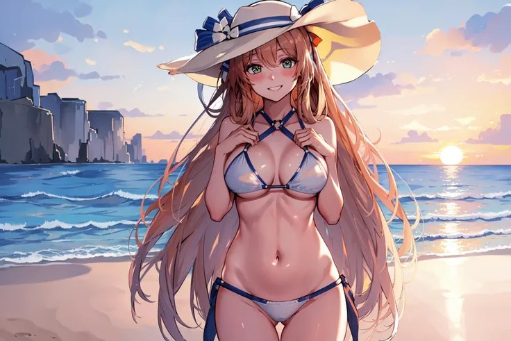 20 yeas old, girl, blonde hair, long hair, straw hat, slim, big tits, beautiful bust, narrow red eyes, cute,
(embarrassed, blush:1.2), (ecstasy:0.4), (think:1.8), (smile:1.5), (sweat:1.2), t-shirt, See-through, micro bikini, ribbon, frills, shirt, handcuffs, choker, frontal, standing, centet of attention, beachside, bracelet
