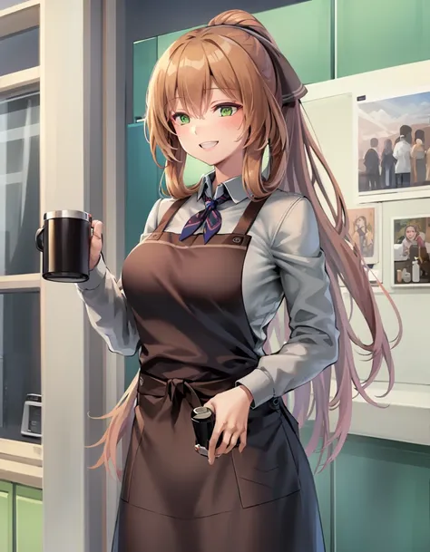 (extremely detailed CG unity 8k wallpaper),(masterpiece), (best quality), (ultra-detailed), (best illustration),(best shadow), cowboy shot, standing
,BREAK
springfieldcafe, lovely smile, holding coffee mug, 
<lora:(p)Springfield:1>