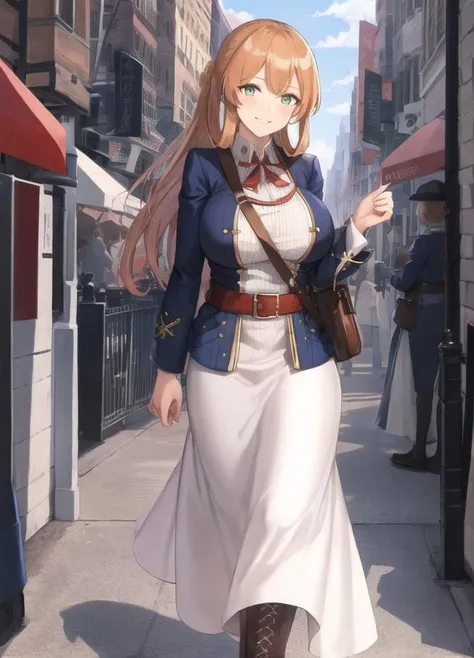 (extremely detailed CG unity 8k wallpaper),(masterpiece), (best quality), (ultra-detailed), (best illustration),(best shadow), (sharp eyeliner, eyeshadow, detailed eyes:1.1), (city background), 1910s, new york, early 20th century, WWI, going on a date, walking toward viewer, looking at viewer, beautiful hands, beautiful long legs, happy smile,
BREAK Springfield,white dress, blue jacket, white sash, red belt, brown knee boots, long skirt, cross-laced footwear, mature woman, busty, milf<lora:Springfield:1>