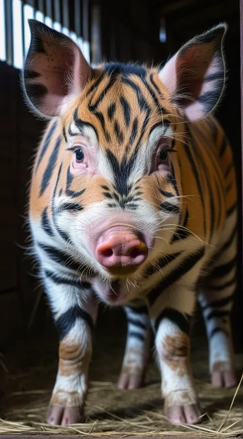 wanap a pig reared in a barn covered with tiger fur <lora:wanapi:1>