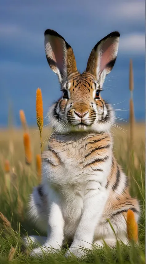 wanap a a hare sitting in a meadow covered with tiger fur <lora:wanapi:1>