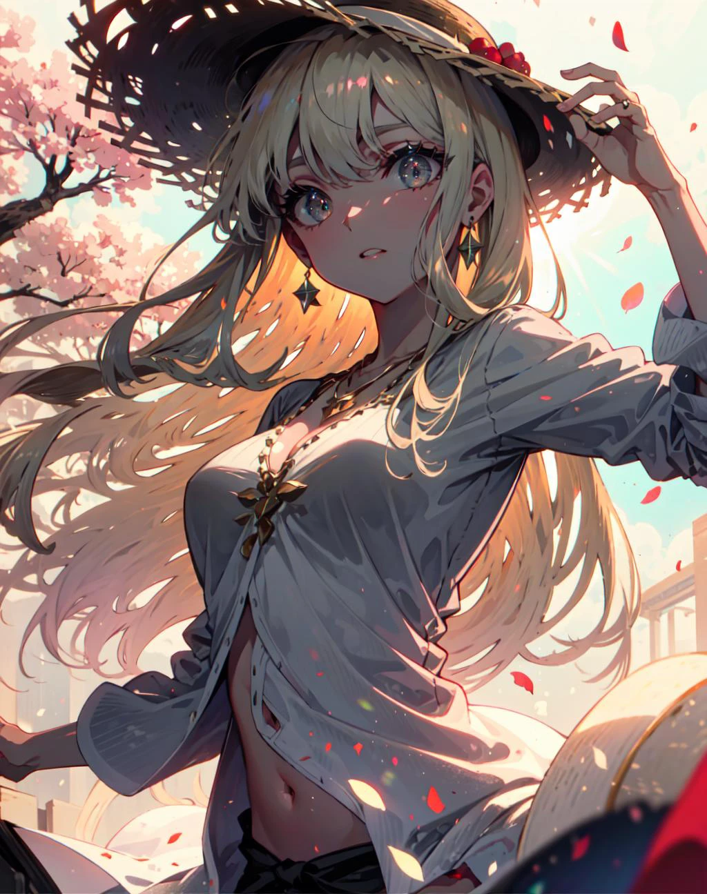 {{masterpiece}}, best quality, cinematic lighting, lens flare, medium breasts, beautiful detail eyes, white summer dress, navel, necklace, straw hat, sunset, sakura, Cherry tree, petals, <lora:beautifulDetailedEyes_v10:1>