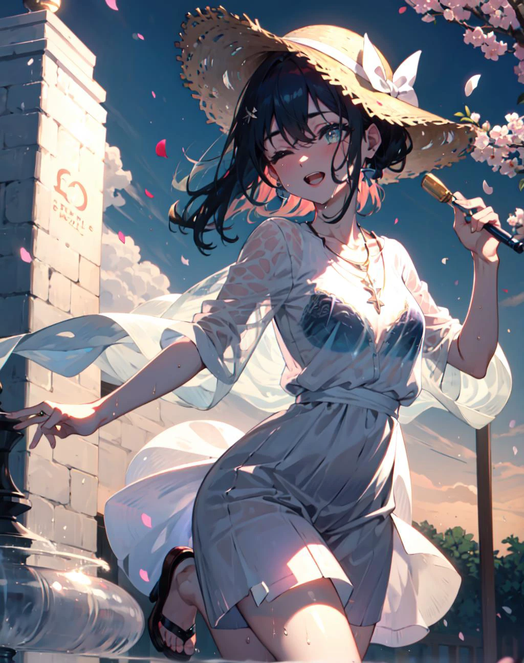 {{masterpiece}}, best quality, cinematic lighting, lens flare, medium breasts, beautiful detail eyes, see bra through wet white dress, jumping, (standing in the fountain), happy, (raise a laugh), close eyes, necklace, straw hat, sunset, sakura, Cherry tree, petals, fsb, frosuke, bsb, behsuke <lora:beautifulDetailedEyes_v10:1> <lora:sukebra(bsb&fsb)-000003:1>