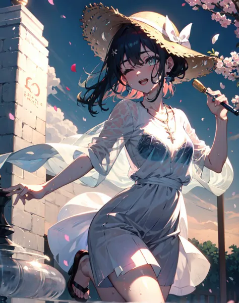 {{masterpiece}}, best quality, cinematic lighting, lens flare, medium breasts, beautiful detail eyes, see bra through wet white dress, jumping, (standing in  the fountain), happy, (raise a laugh), close eyes, necklace, straw hat, sunset, sakura, Cherry tree, petals, fsb, frosuke, bsb, behsuke <lora:beautifulDetailedEyes_v10:1> <lora:sukebra(bsb&fsb)-000003:1>