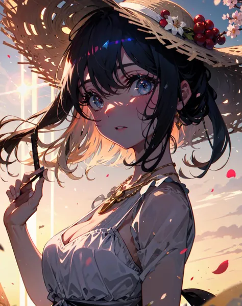 {{masterpiece}}, best quality, cinematic lighting, lens flare, medium breasts, beautiful detail eyes, white summer dress, necklace, straw hat, sunset, sakura, Cherry tree, petals,  <lora:beautifulDetailedEyes_v10:1>