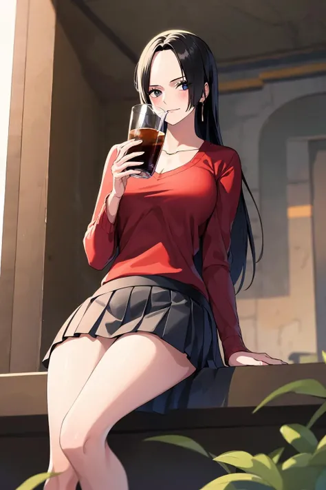 <lora:hancock:1> best quality, masterpiece, highly detailed,1girl,sitting, drinking water, denim jacket, pleated skirt
