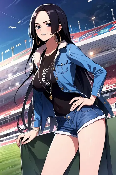<lora:hancockv1:1> best quality, masterpiece, highly detailed,1girl, stadium, denim jacket, denim shorts