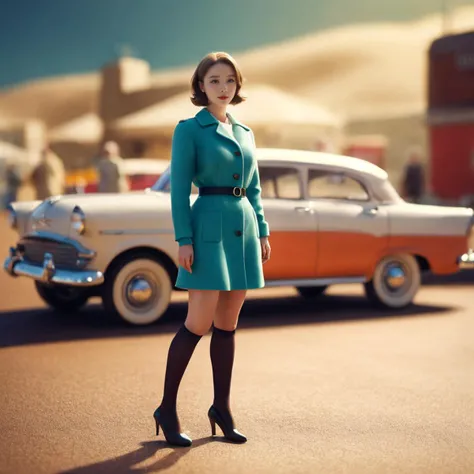girl,fullbody, Unity Engine, surreal, Conversational small Atomic Age Female, background is [Glasgow|Dune], tilt shift, Cel shading, Light, Vivid Colors, 64K