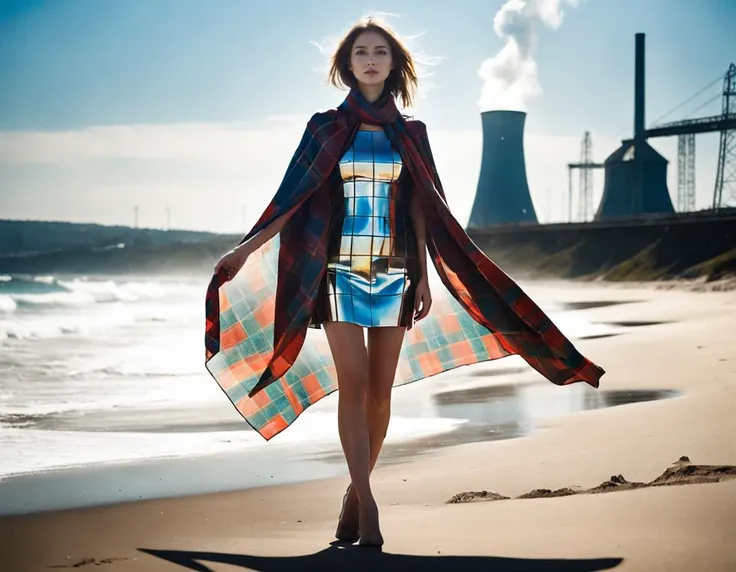 girl, art by Reuben Nakian, Distorted Wife, Spice merchant, Modular Cape, Liquid Tartan Scarf, near Fossil fuel power station, dense beach, Hurricane, split diopter, Iridescent splash, contest winner, beautiful,dynamicpose