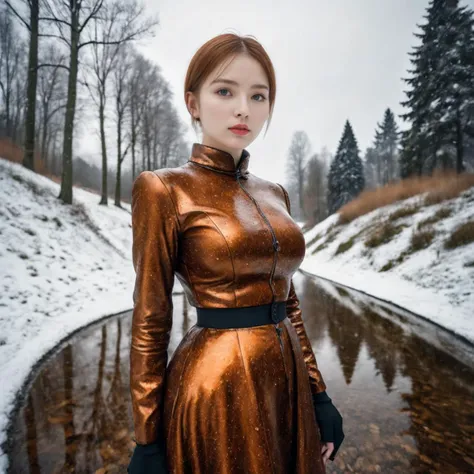 beautiful,dynamicpose,Rust vegetation, Intense slim girl, Thunderer, Russian Earbuds, Snowing, equirectangular 360, Mannerism Art, Fish-eye Lens, Colorless
