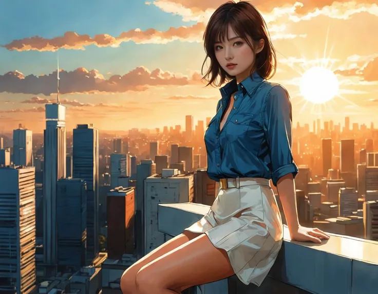 comic girl, Technical illustration, Distinguished Masterpiece Neo-Tokyo Girl, Realistic, Sun Rays, beautiful,dynamicpose . graphic illustration, comic art, graphic novel art, vibrant, highly detailed