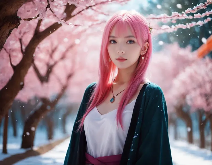 girl, Fiery heavyset Female Summoner, Conscious Pink hair, inside of a Psychadelic Freeway, trees with Banyan, Snowing, split diopter, Simple illustration, Gamercore, 80mm, "Beauty is truth, truth beauty.", beautiful,dynamicpose