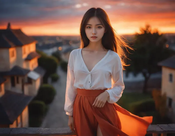girl, (art by Robert Campin:1.3) , Fiery Akua, Chaos mage, at Sunset, tilt shift, Ultrarealistic, American Scene Painting, Agfacolor, arthouse, beautiful,dynamicpose