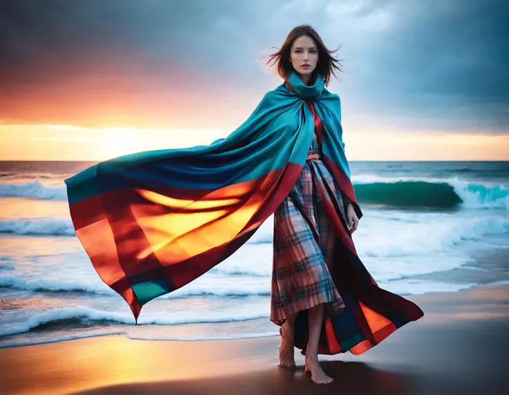 girl, art by Reuben Nakian, Distorted Wife, Spice merchant, Modular Cape, Liquid Tartan Scarf, dense beach, Hurricane, split diopter, Iridescent splash, contest winner, beautiful,dynamicpose